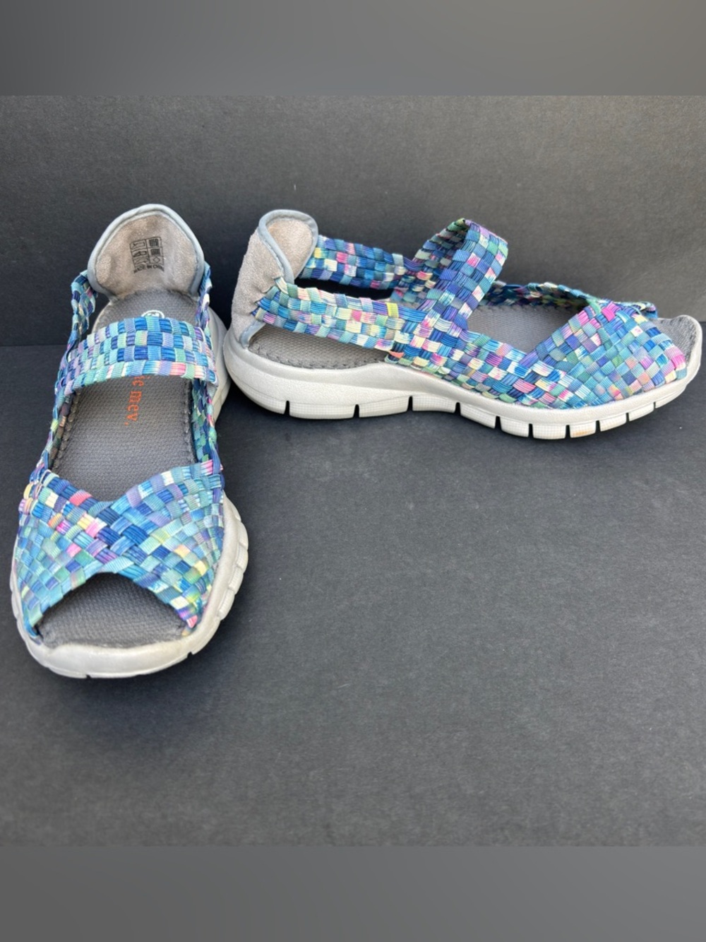 Bernie Mev Blue Multi Woven Elastic Mary Jane Open Toe Flats Sandals US 6 UK 37